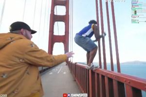 頂流網(wǎng)紅Speed穿庫里球衣站金門大橋護(hù)欄上后空翻 經(jīng)紀(jì)人嚇個半死