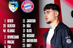 拜仁歐冠客戰(zhàn)帕福斯大名單：凱恩領(lǐng)銜鋒線，比朔夫、格雷羅在列